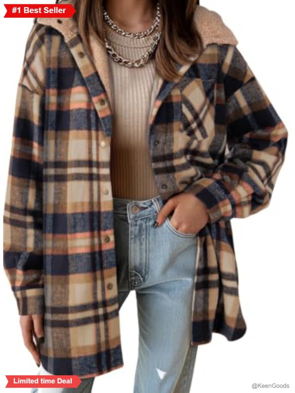 Dokotoo Women's Flannel Hooded Plaid Shacket Fleece Jacket Oversized